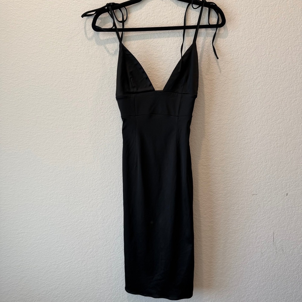 Wilfred Aritzia Black Satin V-Neck Tie Shoulder Midi Dress Small
